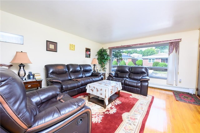 living room featuring hardwood / wood-style flooring and baseboard heating