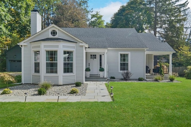 view of front of home with covered porch and a front lawn