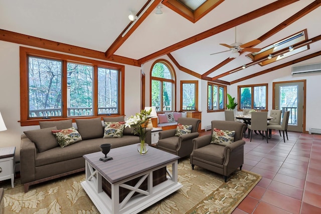 tiled living room featuring a wealth of natural light, ceiling fan, lofted ceiling with beams, and a baseboard heating unit