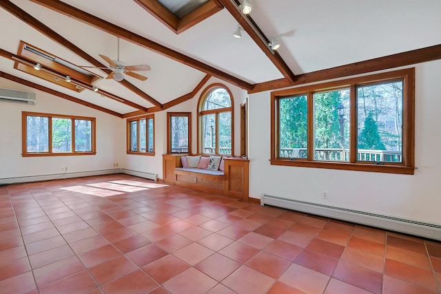 unfurnished living room with vaulted ceiling with beams, a wealth of natural light, and track lighting