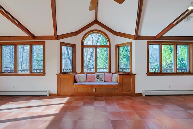 unfurnished living room featuring beamed ceiling and a baseboard heating unit