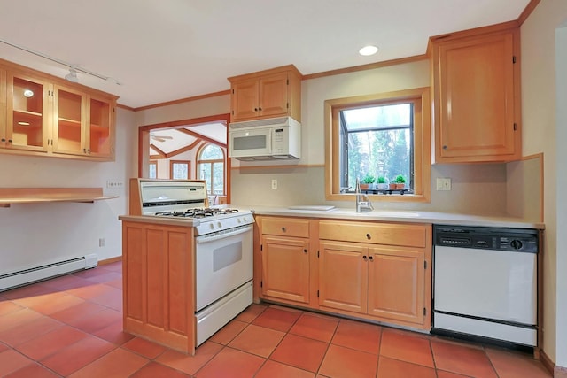 kitchen featuring ornamental molding, white appliances, a baseboard heating unit, sink, and light tile patterned floors