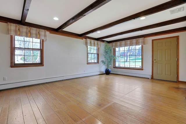 unfurnished room featuring beamed ceiling, light hardwood / wood-style floors, and a baseboard heating unit