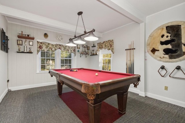 recreation room featuring dark colored carpet, beam ceiling, crown molding, and billiards