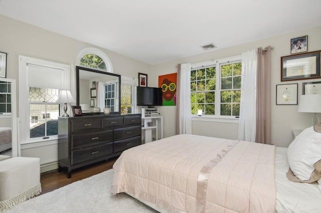 bedroom featuring a baseboard heating unit, dark wood-type flooring, and multiple windows