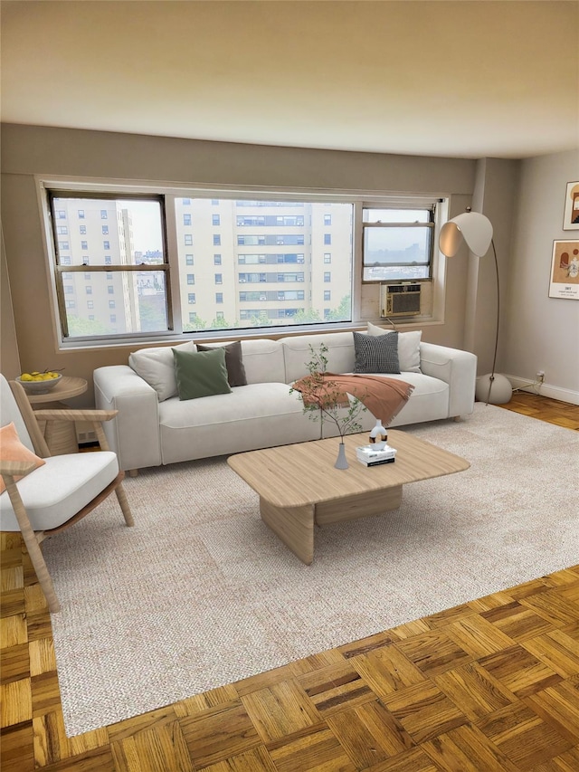 living room featuring parquet flooring and cooling unit