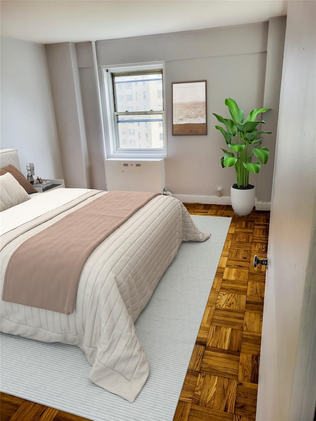 bedroom featuring parquet floors