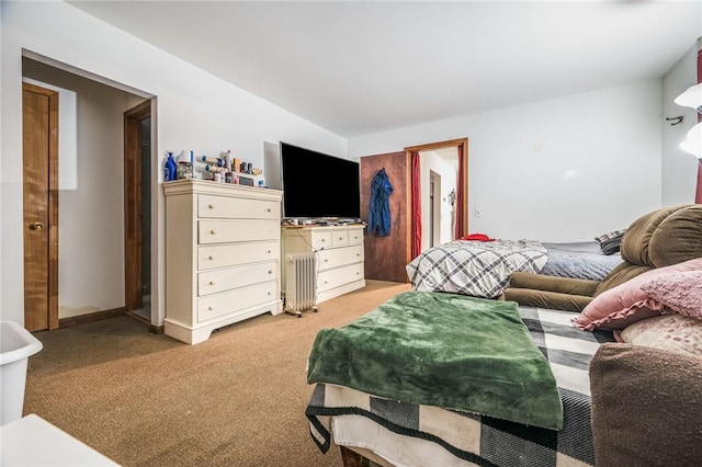 bedroom with light colored carpet and radiator