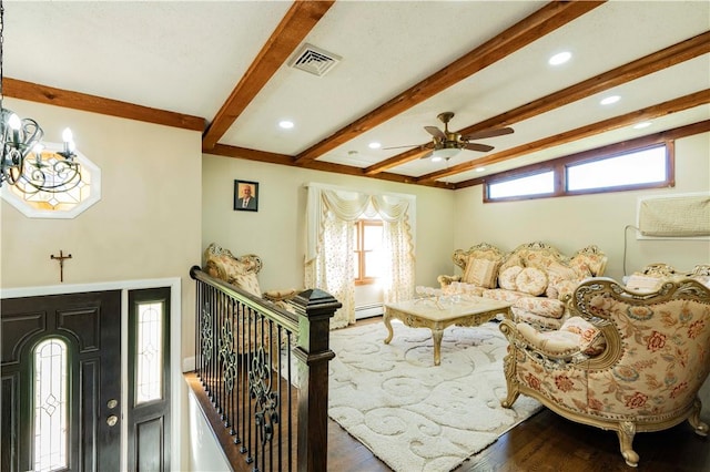 interior space with beam ceiling, ceiling fan, hardwood / wood-style floors, and a baseboard radiator