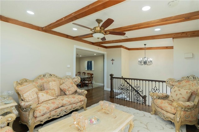 living room featuring beamed ceiling, dark wood-type flooring, and ceiling fan with notable chandelier