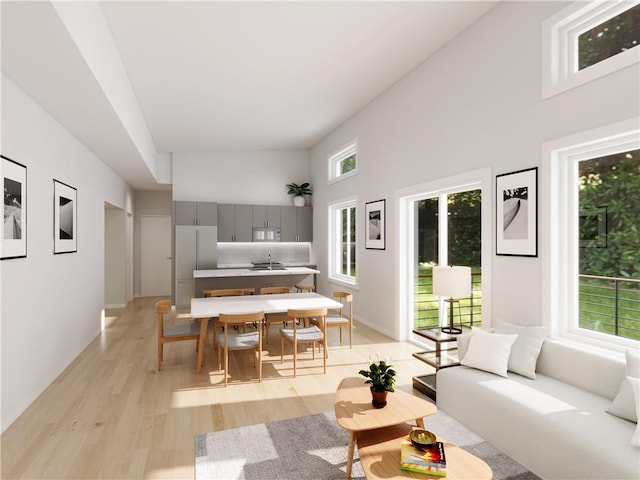 living room featuring a wealth of natural light, high vaulted ceiling, and light wood-type flooring