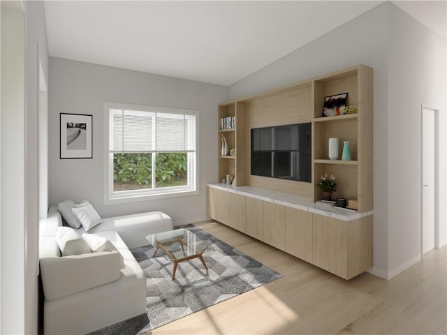 living room with light wood-type flooring and lofted ceiling