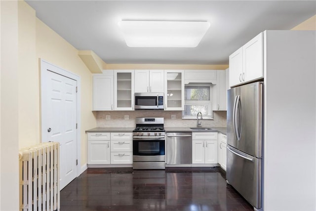 kitchen featuring white cabinetry, radiator heating unit, stainless steel appliances, and sink