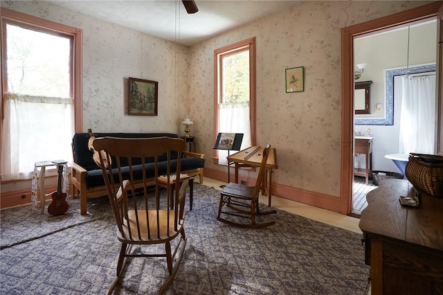 living area with ceiling fan