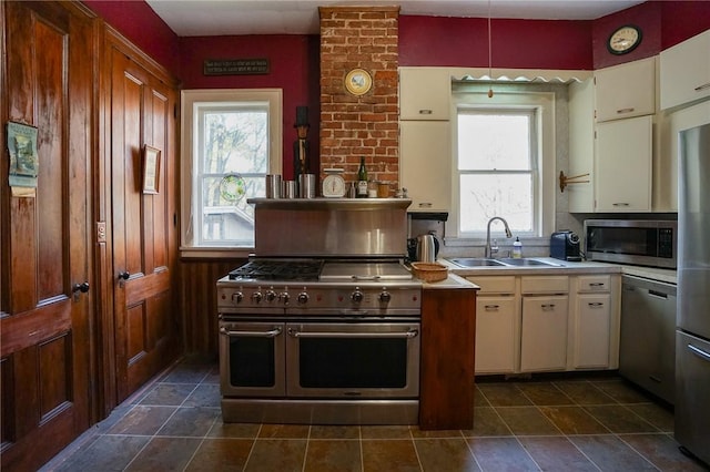 kitchen with appliances with stainless steel finishes, dark tile patterned floors, plenty of natural light, and sink