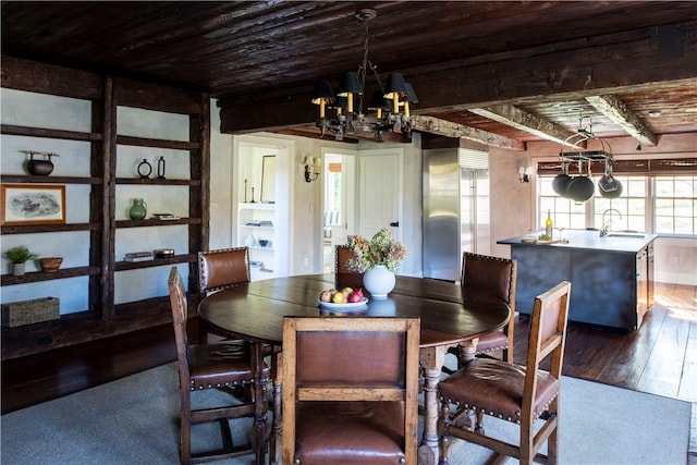 dining area featuring an inviting chandelier, sink, beamed ceiling, dark hardwood / wood-style flooring, and wood ceiling