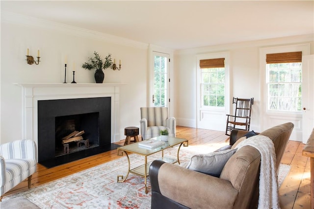 living room with light hardwood / wood-style floors and ornamental molding