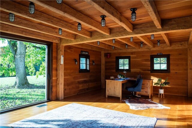 office area with beamed ceiling, a healthy amount of sunlight, wood-type flooring, and wood ceiling