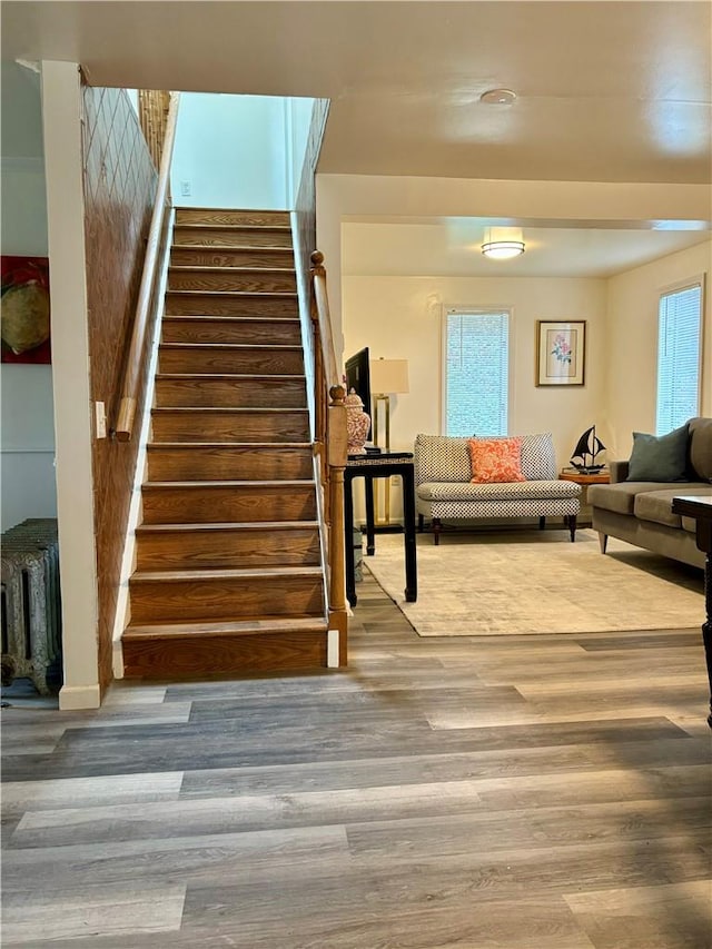 stairs with hardwood / wood-style flooring and plenty of natural light