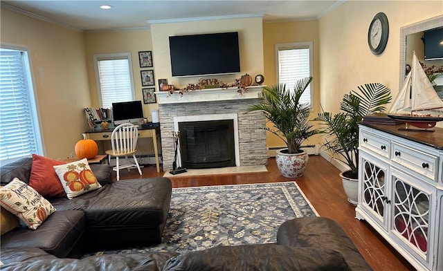 living room featuring dark wood-type flooring, plenty of natural light, and a stone fireplace