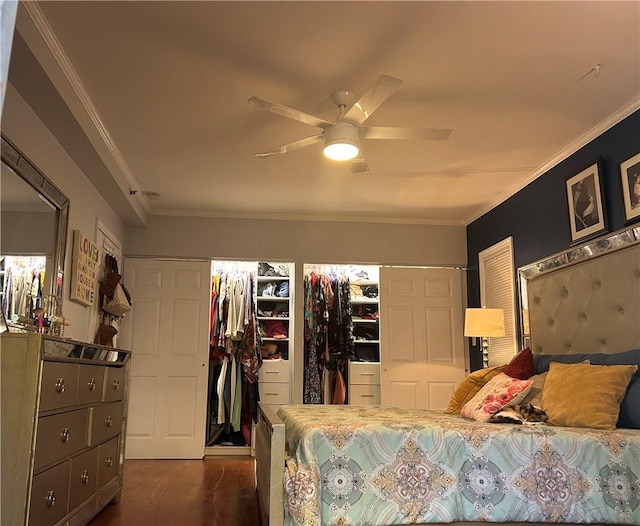 bedroom featuring crown molding, ceiling fan, and dark hardwood / wood-style floors