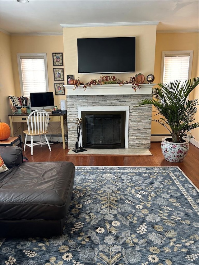 living room with crown molding, a fireplace, hardwood / wood-style flooring, and a baseboard heating unit