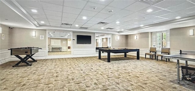 game room featuring billiards, carpet floors, and a drop ceiling