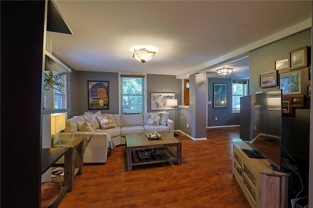 living room featuring a wealth of natural light and dark hardwood / wood-style flooring