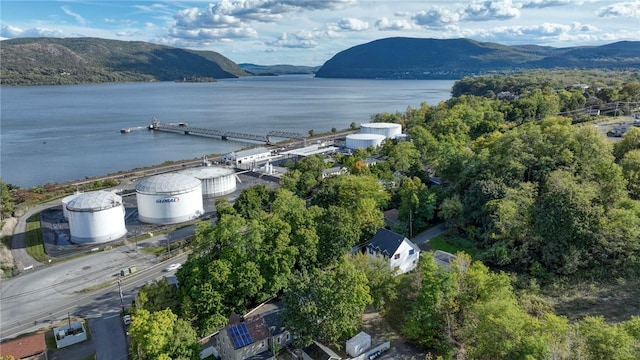 bird's eye view with a water and mountain view