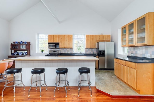 kitchen featuring a breakfast bar, light hardwood / wood-style floors, a kitchen island, and appliances with stainless steel finishes