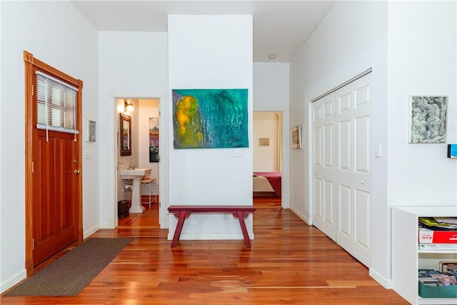 hall with hardwood / wood-style flooring