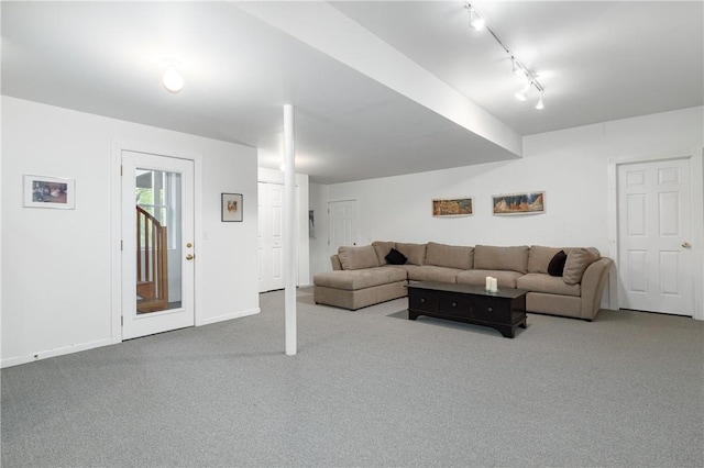 living room with carpet floors and rail lighting