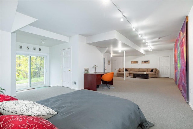 bedroom with carpet flooring and rail lighting