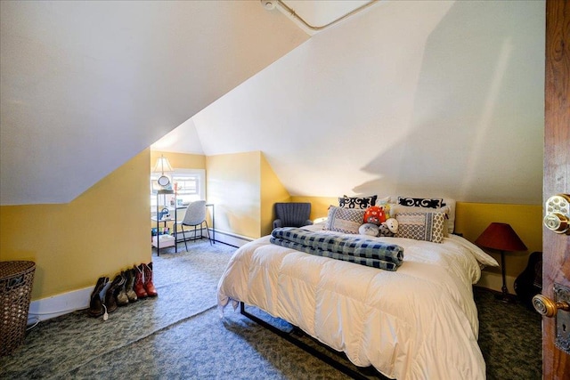 bedroom featuring carpet floors and vaulted ceiling