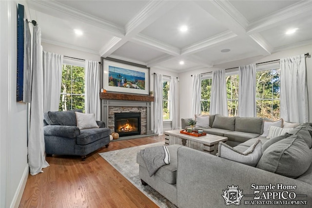 living room with a fireplace, beam ceiling, hardwood / wood-style flooring, and plenty of natural light