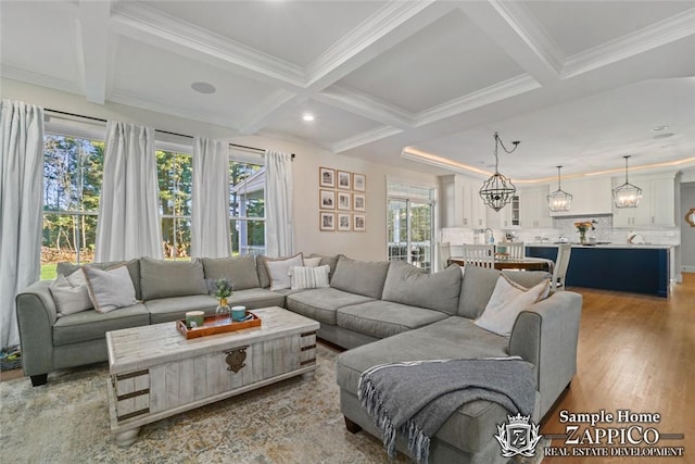 living room with light hardwood / wood-style flooring, beamed ceiling, and coffered ceiling