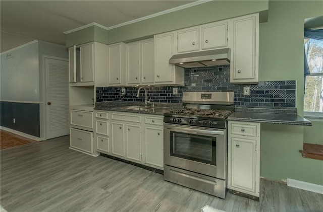 kitchen with gas stove, decorative backsplash, crown molding, and light wood-type flooring