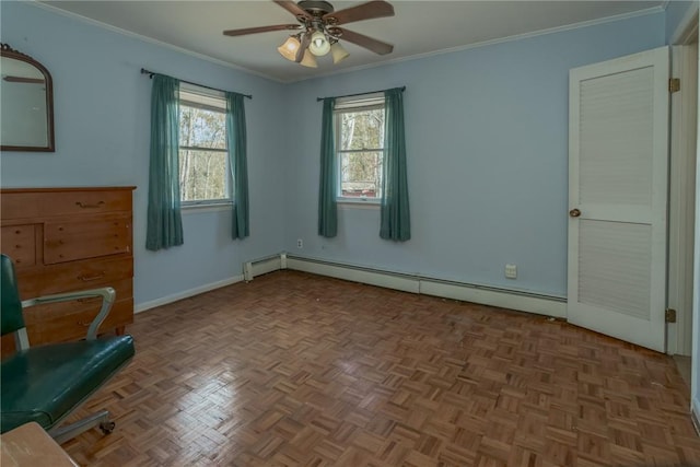 unfurnished room featuring ceiling fan, parquet floors, ornamental molding, and a baseboard heating unit