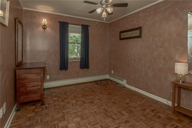 unfurnished room with ceiling fan, crown molding, parquet floors, and a baseboard radiator