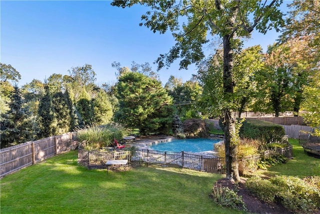 view of swimming pool featuring a fenced backyard, a fenced in pool, and a lawn