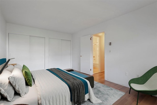 bedroom with wood-type flooring and multiple closets