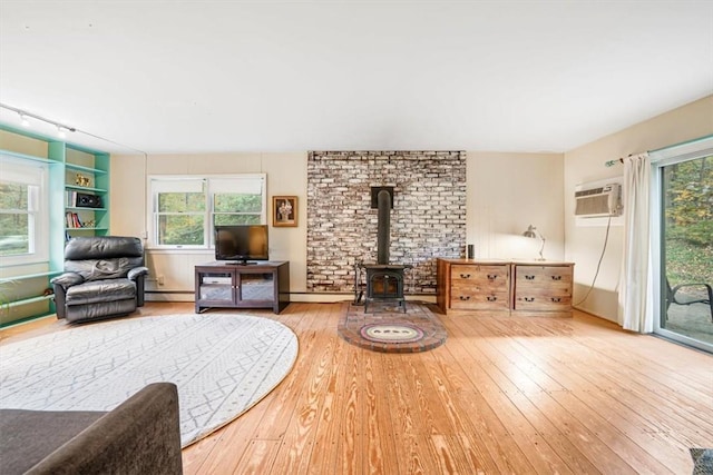 living room with a wood stove, plenty of natural light, and hardwood / wood-style floors