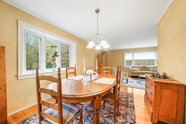 dining space featuring light hardwood / wood-style floors, an inviting chandelier, and a wealth of natural light