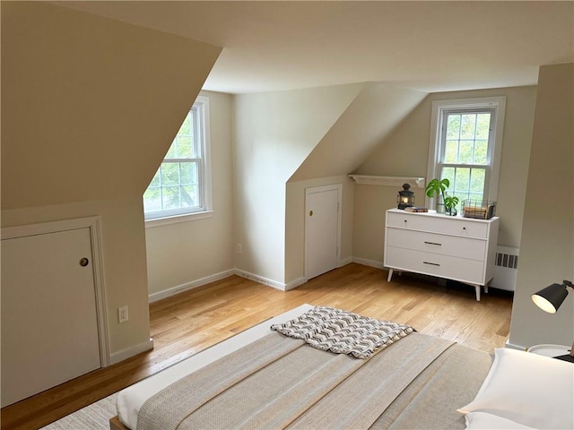 interior space with radiator, light hardwood / wood-style floors, and multiple windows