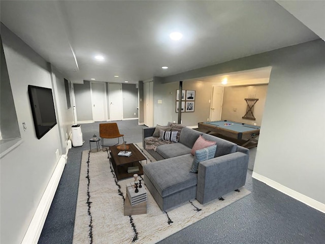 carpeted living room featuring pool table