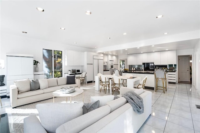 living room featuring light tile patterned floors