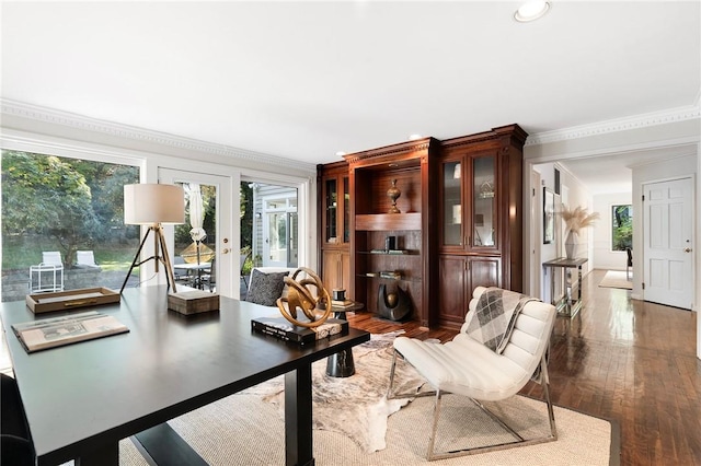 interior space featuring ornamental molding, dark wood-type flooring, and french doors