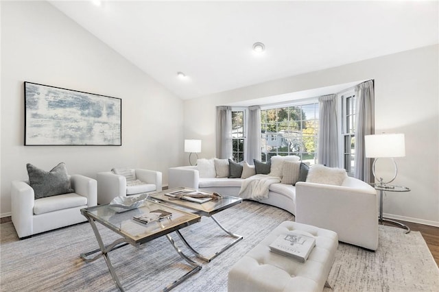 living room with wood-type flooring and vaulted ceiling