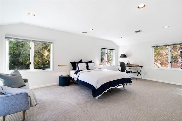 carpeted bedroom with vaulted ceiling