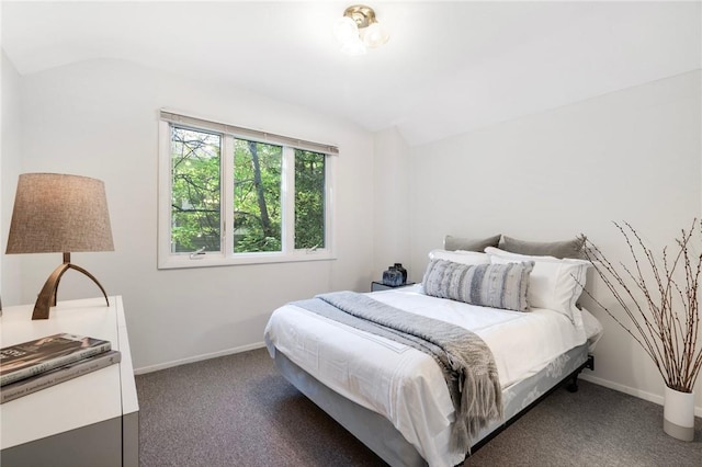 bedroom featuring dark carpet and lofted ceiling